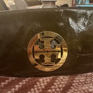 Tory Burch Olive Green Leather Magnet Snap Closure Handbag with Gold Emblem